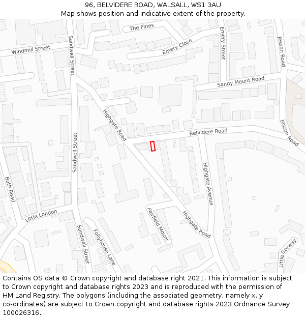 96, BELVIDERE ROAD, WALSALL, WS1 3AU: Location map and indicative extent of plot