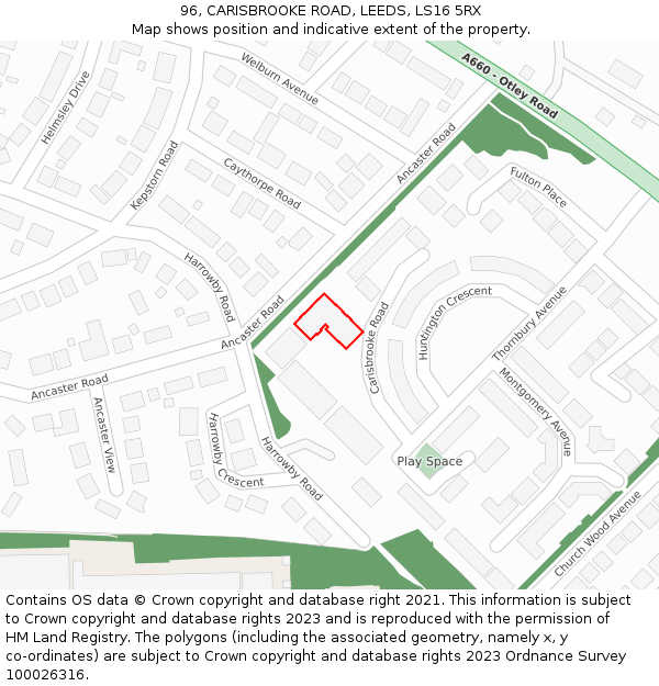 96, CARISBROOKE ROAD, LEEDS, LS16 5RX: Location map and indicative extent of plot