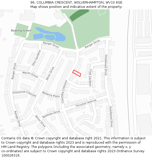 96, COLUMBIA CRESCENT, WOLVERHAMPTON, WV10 6GE: Location map and indicative extent of plot