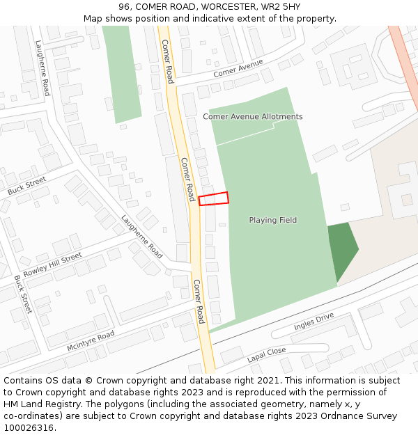 96, COMER ROAD, WORCESTER, WR2 5HY: Location map and indicative extent of plot