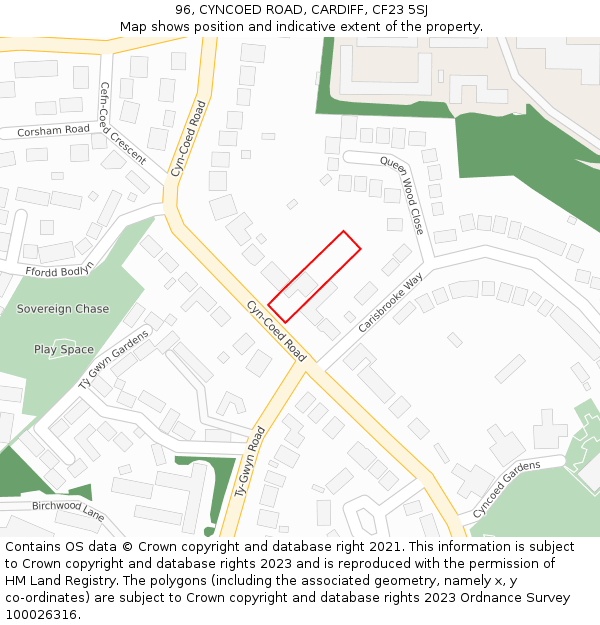 96, CYNCOED ROAD, CARDIFF, CF23 5SJ: Location map and indicative extent of plot