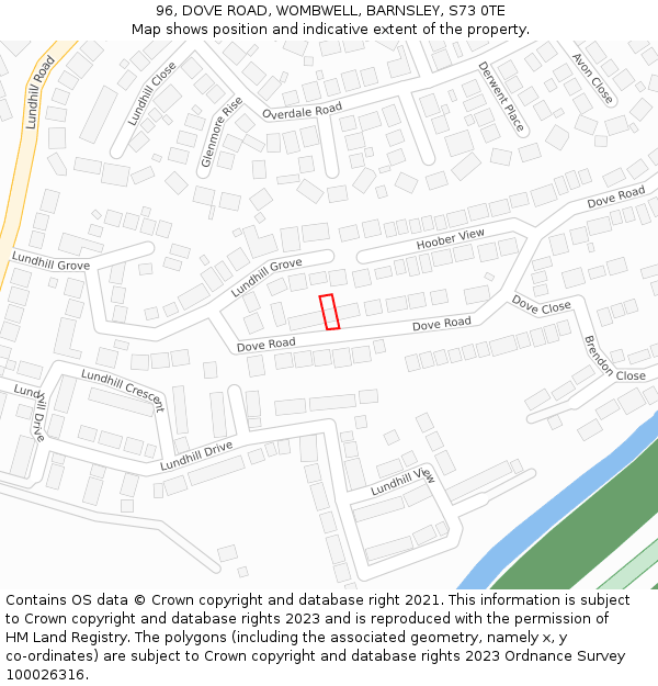 96, DOVE ROAD, WOMBWELL, BARNSLEY, S73 0TE: Location map and indicative extent of plot