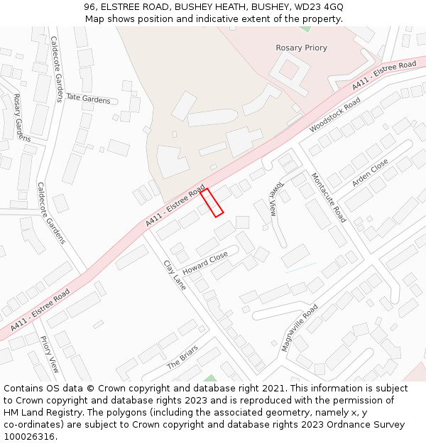 96, ELSTREE ROAD, BUSHEY HEATH, BUSHEY, WD23 4GQ: Location map and indicative extent of plot