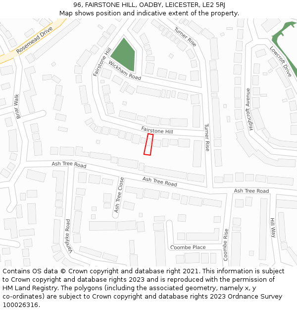 96, FAIRSTONE HILL, OADBY, LEICESTER, LE2 5RJ: Location map and indicative extent of plot