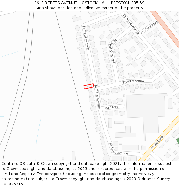 96, FIR TREES AVENUE, LOSTOCK HALL, PRESTON, PR5 5SJ: Location map and indicative extent of plot
