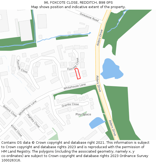 96, FOXCOTE CLOSE, REDDITCH, B98 0PS: Location map and indicative extent of plot