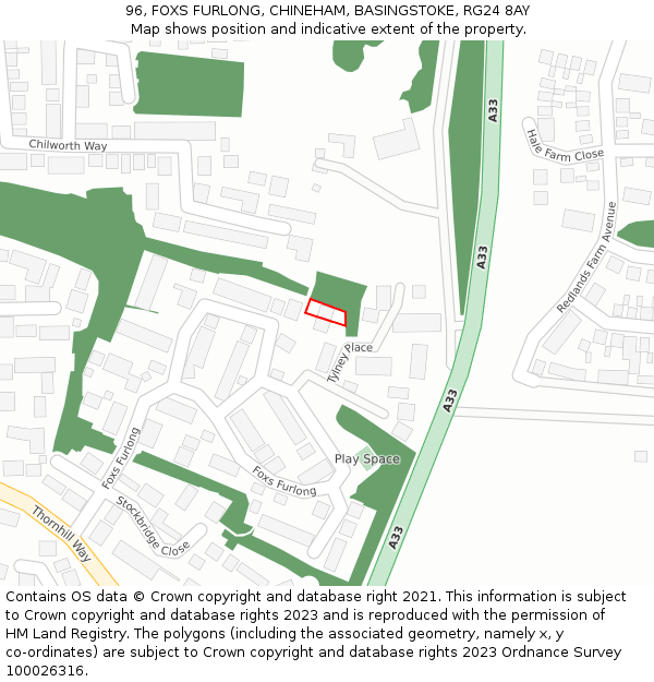 96, FOXS FURLONG, CHINEHAM, BASINGSTOKE, RG24 8AY: Location map and indicative extent of plot