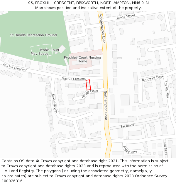 96, FROXHILL CRESCENT, BRIXWORTH, NORTHAMPTON, NN6 9LN: Location map and indicative extent of plot