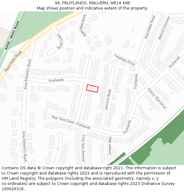 96, FRUITLANDS, MALVERN, WR14 4XB: Location map and indicative extent of plot