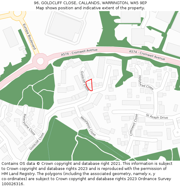 96, GOLDCLIFF CLOSE, CALLANDS, WARRINGTON, WA5 9EP: Location map and indicative extent of plot