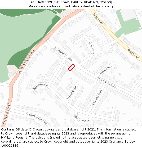 96, HARTSBOURNE ROAD, EARLEY, READING, RG6 5SJ: Location map and indicative extent of plot