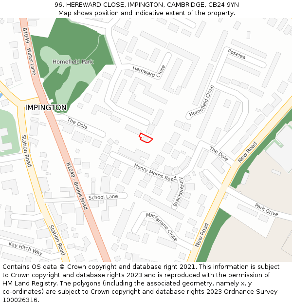 96, HEREWARD CLOSE, IMPINGTON, CAMBRIDGE, CB24 9YN: Location map and indicative extent of plot