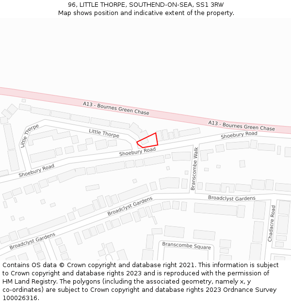 96, LITTLE THORPE, SOUTHEND-ON-SEA, SS1 3RW: Location map and indicative extent of plot