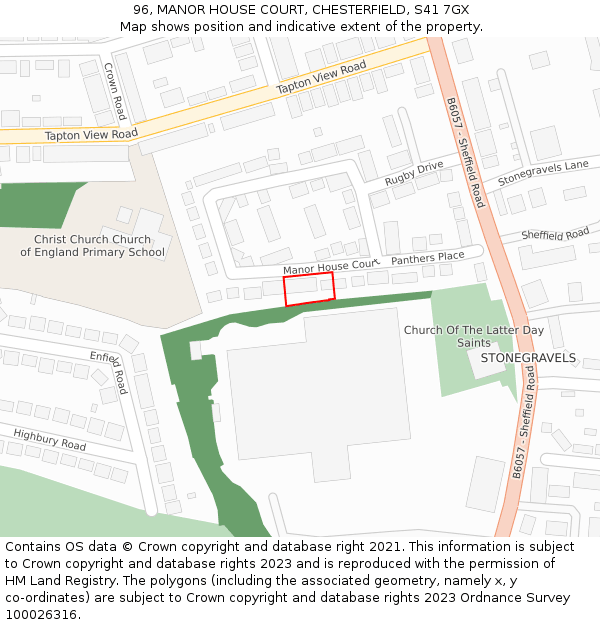 96, MANOR HOUSE COURT, CHESTERFIELD, S41 7GX: Location map and indicative extent of plot