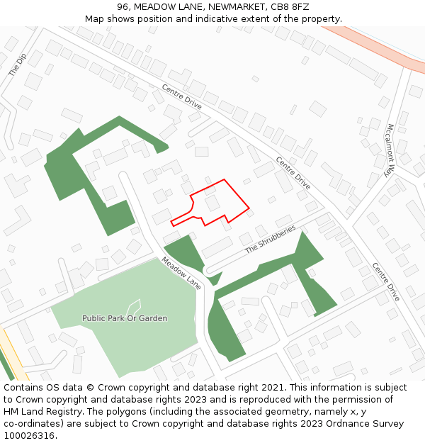 96, MEADOW LANE, NEWMARKET, CB8 8FZ: Location map and indicative extent of plot