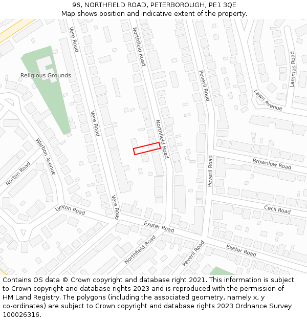 96, NORTHFIELD ROAD, PETERBOROUGH, PE1 3QE: Location map and indicative extent of plot