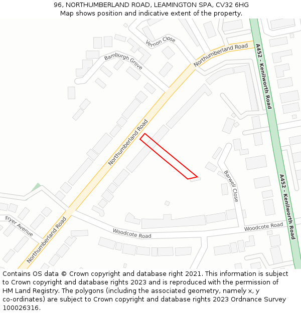 96, NORTHUMBERLAND ROAD, LEAMINGTON SPA, CV32 6HG: Location map and indicative extent of plot