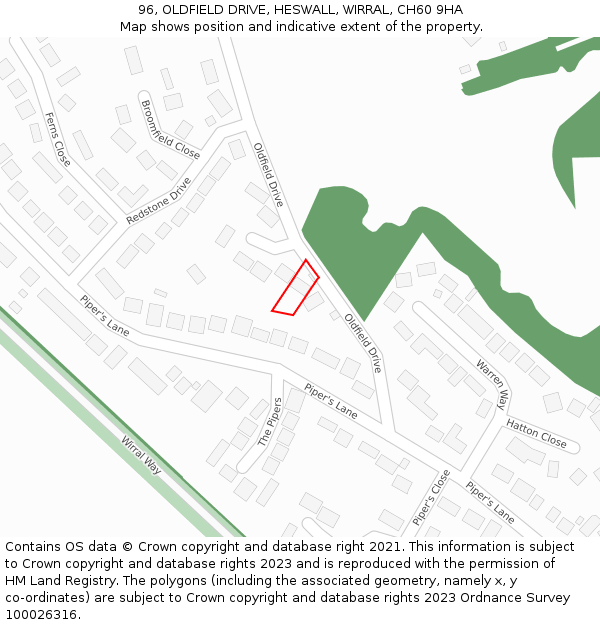 96, OLDFIELD DRIVE, HESWALL, WIRRAL, CH60 9HA: Location map and indicative extent of plot