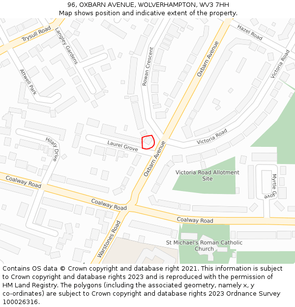 96, OXBARN AVENUE, WOLVERHAMPTON, WV3 7HH: Location map and indicative extent of plot