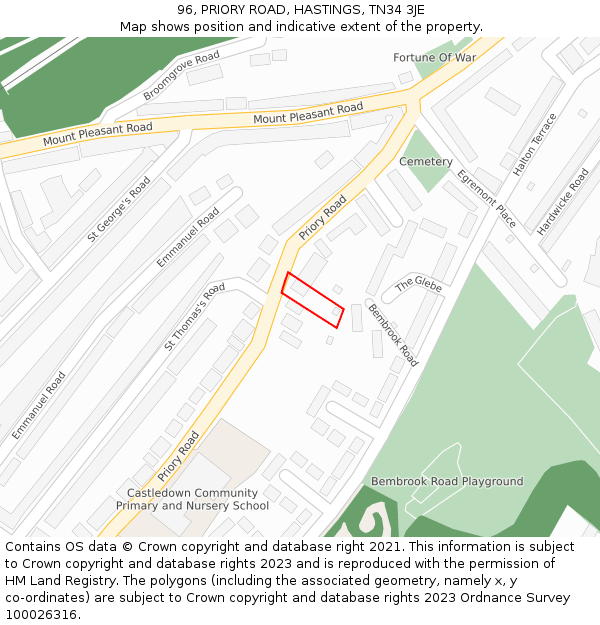 96, PRIORY ROAD, HASTINGS, TN34 3JE: Location map and indicative extent of plot