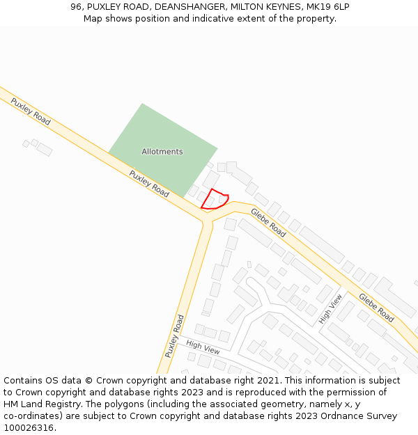 96, PUXLEY ROAD, DEANSHANGER, MILTON KEYNES, MK19 6LP: Location map and indicative extent of plot