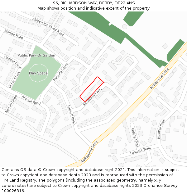 96, RICHARDSON WAY, DERBY, DE22 4NS: Location map and indicative extent of plot