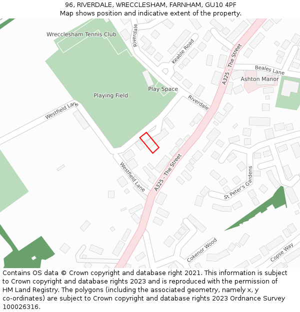 96, RIVERDALE, WRECCLESHAM, FARNHAM, GU10 4PF: Location map and indicative extent of plot