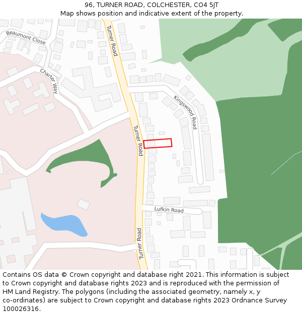 96, TURNER ROAD, COLCHESTER, CO4 5JT: Location map and indicative extent of plot
