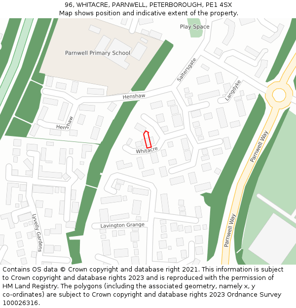 96, WHITACRE, PARNWELL, PETERBOROUGH, PE1 4SX: Location map and indicative extent of plot