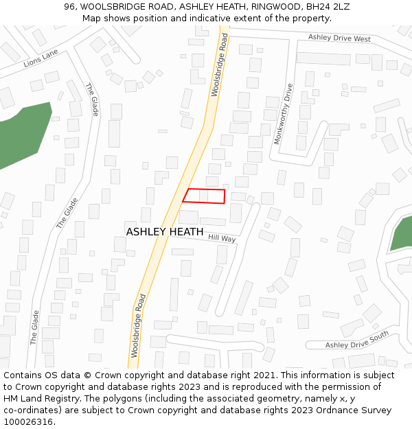 96, WOOLSBRIDGE ROAD, ASHLEY HEATH, RINGWOOD, BH24 2LZ: Location map and indicative extent of plot
