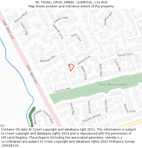 96, YOXALL DRIVE, KIRKBY, LIVERPOOL, L33 4HS: Location map and indicative extent of plot