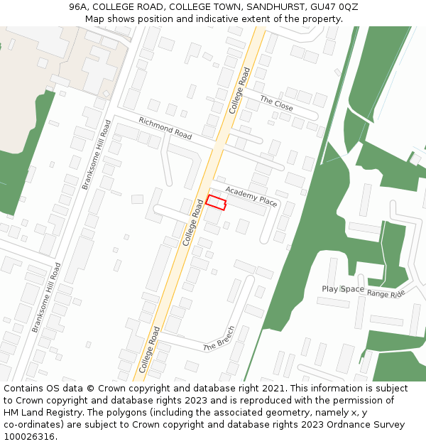 96A, COLLEGE ROAD, COLLEGE TOWN, SANDHURST, GU47 0QZ: Location map and indicative extent of plot