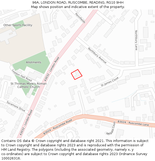 96A, LONDON ROAD, RUSCOMBE, READING, RG10 9HH: Location map and indicative extent of plot