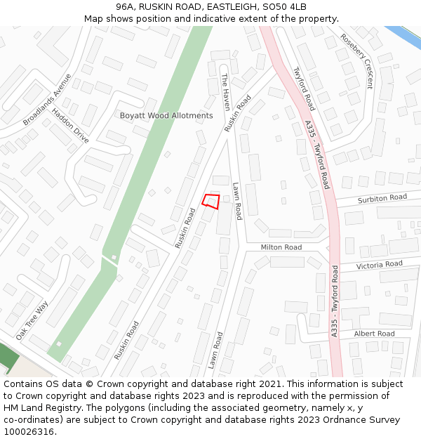 96A, RUSKIN ROAD, EASTLEIGH, SO50 4LB: Location map and indicative extent of plot