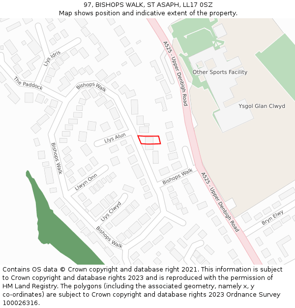 97, BISHOPS WALK, ST ASAPH, LL17 0SZ: Location map and indicative extent of plot