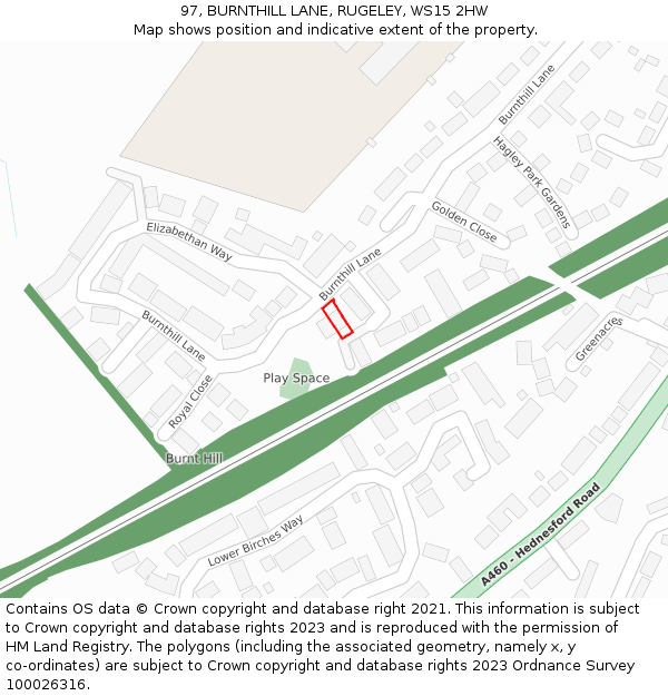 97, BURNTHILL LANE, RUGELEY, WS15 2HW: Location map and indicative extent of plot