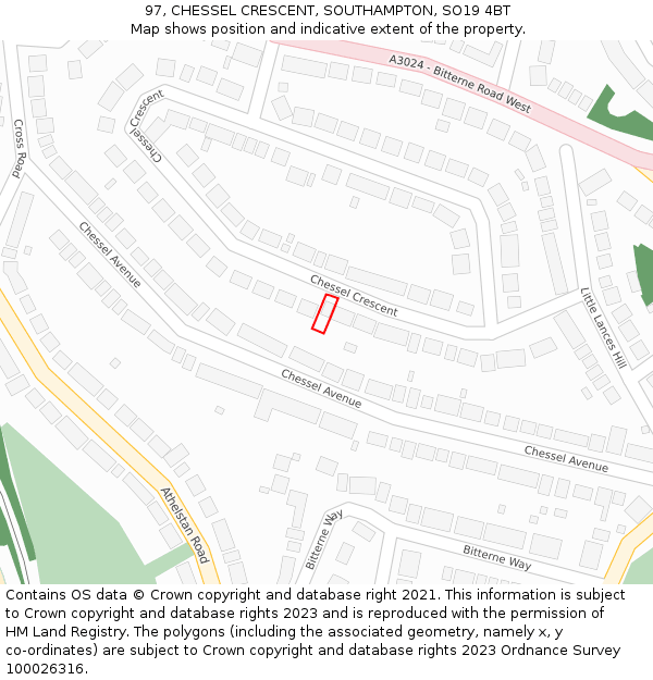 97, CHESSEL CRESCENT, SOUTHAMPTON, SO19 4BT: Location map and indicative extent of plot