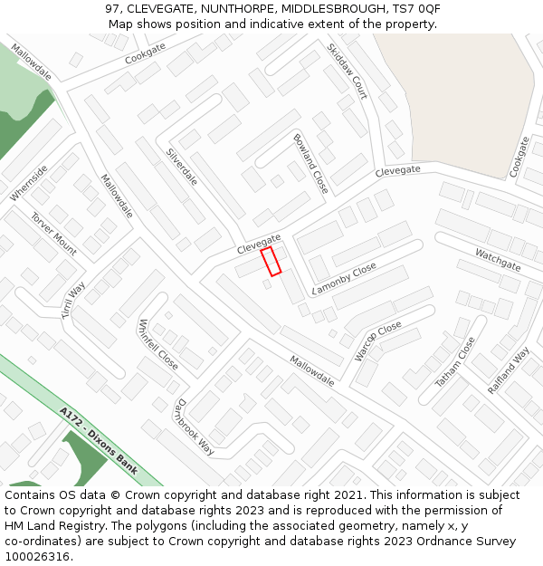 97, CLEVEGATE, NUNTHORPE, MIDDLESBROUGH, TS7 0QF: Location map and indicative extent of plot
