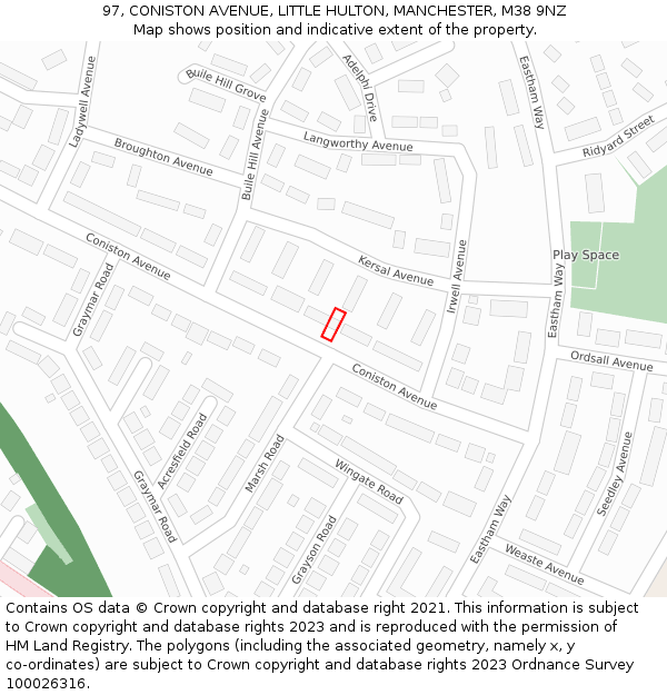 97, CONISTON AVENUE, LITTLE HULTON, MANCHESTER, M38 9NZ: Location map and indicative extent of plot
