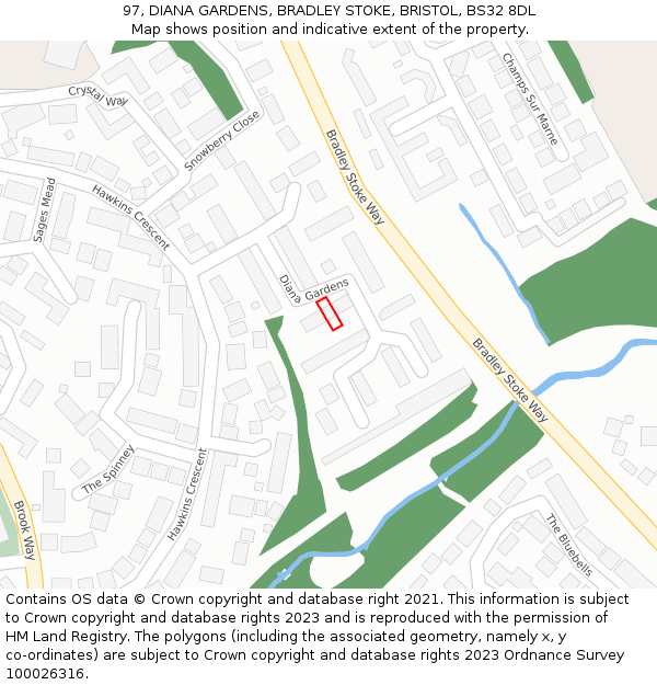 97, DIANA GARDENS, BRADLEY STOKE, BRISTOL, BS32 8DL: Location map and indicative extent of plot