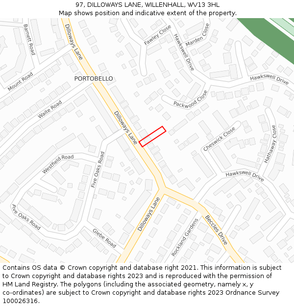 97, DILLOWAYS LANE, WILLENHALL, WV13 3HL: Location map and indicative extent of plot