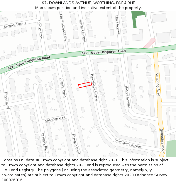 97, DOWNLANDS AVENUE, WORTHING, BN14 9HF: Location map and indicative extent of plot