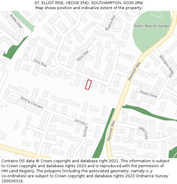 97, ELLIOT RISE, HEDGE END, SOUTHAMPTON, SO30 2RW: Location map and indicative extent of plot