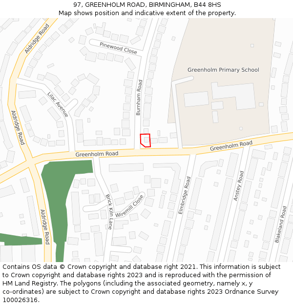97, GREENHOLM ROAD, BIRMINGHAM, B44 8HS: Location map and indicative extent of plot