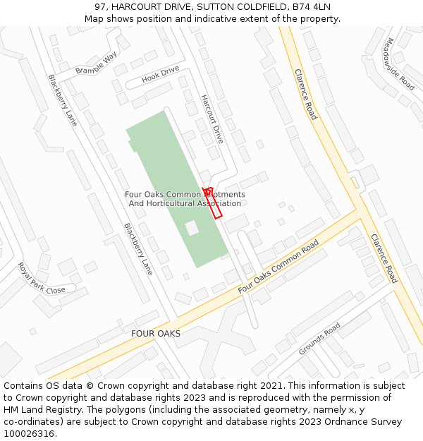 97, HARCOURT DRIVE, SUTTON COLDFIELD, B74 4LN: Location map and indicative extent of plot