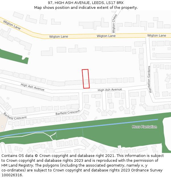 97, HIGH ASH AVENUE, LEEDS, LS17 8RX: Location map and indicative extent of plot