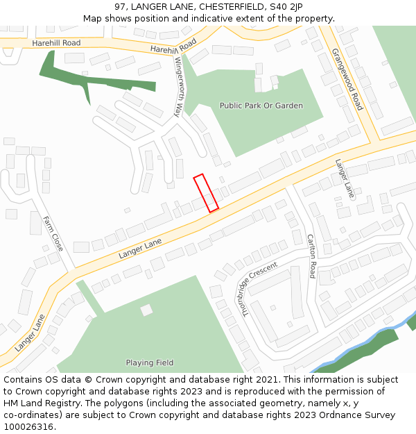 97, LANGER LANE, CHESTERFIELD, S40 2JP: Location map and indicative extent of plot