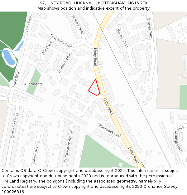 97, LINBY ROAD, HUCKNALL, NOTTINGHAM, NG15 7TX: Location map and indicative extent of plot