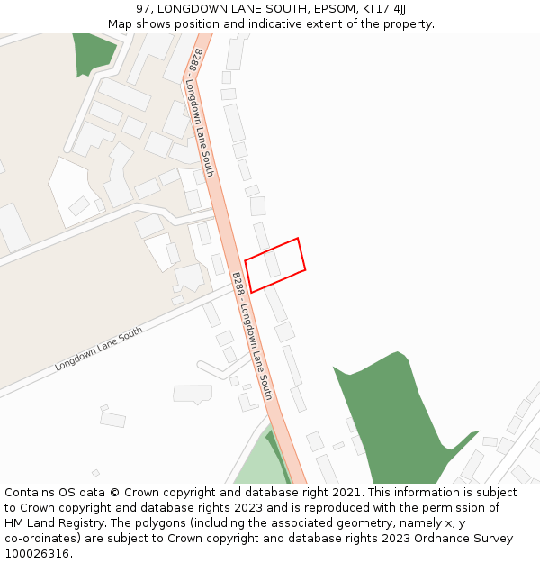 97, LONGDOWN LANE SOUTH, EPSOM, KT17 4JJ: Location map and indicative extent of plot