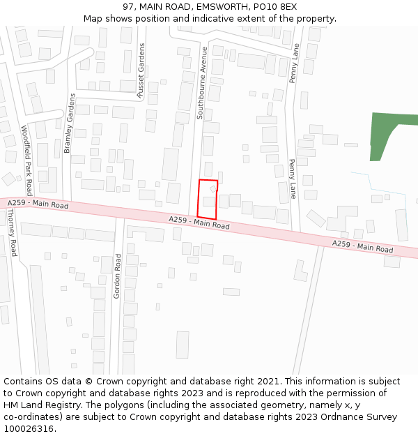 97, MAIN ROAD, EMSWORTH, PO10 8EX: Location map and indicative extent of plot